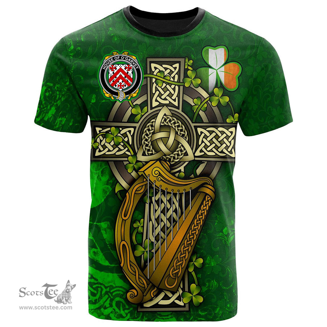 ScotsTee Shop Irish House of O GARVEY Coat of Arms Irish Family Crest T Shirt Irish Shamrock Celtic Cross and Harp T Shirt