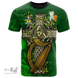 ScotsTee Shop Irish Lincolne Coat of Arms Irish Family Crest T Shirt Irish Shamrock Celtic Cross and Harp T Shirt