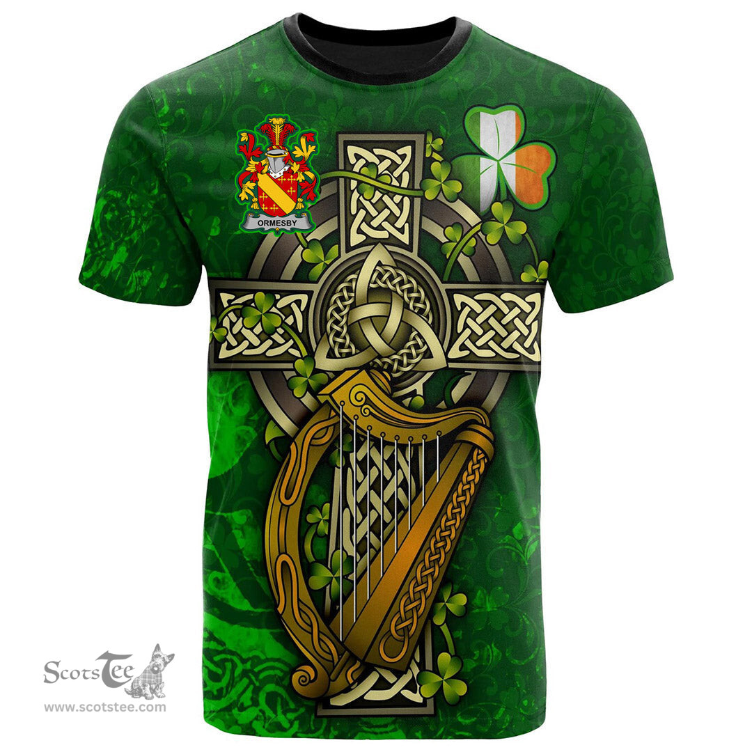 ScotsTee Shop Irish Ormesby Coat of Arms Irish Family Crest T Shirt Irish Shamrock Celtic Cross and Harp T Shirt