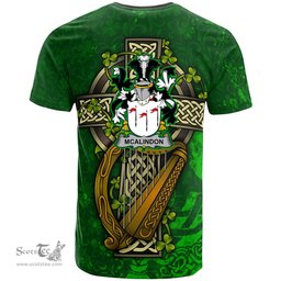 ScotsTee Shop Irish McAlindon or McAlindem Coat of Arms Irish Family Crest T Shirt Irish Shamrock Celtic Cross and Harp T Shirt