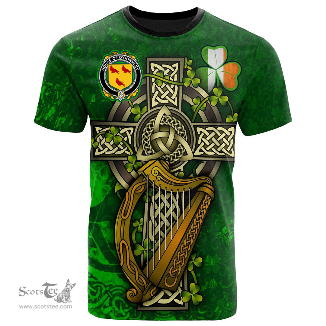 ScotsTee Shop Irish House of O GORMLEY Coat of Arms Irish Family Crest T Shirt Irish Shamrock Celtic Cross and Harp T Shirt
