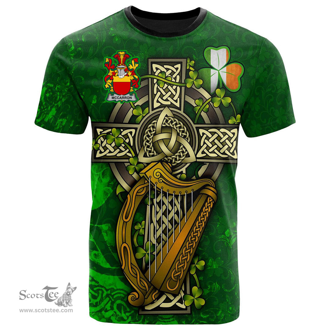 ScotsTee Shop Irish McCarron Coat of Arms Irish Family Crest T Shirt Irish Shamrock Celtic Cross and Harp T Shirt