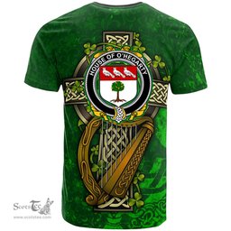 ScotsTee Shop Irish House of O HEGARTY Coat of Arms Irish Family Crest T Shirt Irish Shamrock Celtic Cross and Harp T Shirt