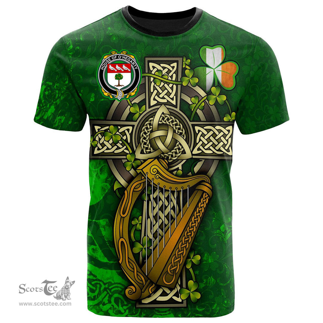 ScotsTee Shop Irish House of O HEGARTY Coat of Arms Irish Family Crest T Shirt Irish Shamrock Celtic Cross and Harp T Shirt