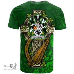 ScotsTee Shop Irish Jeffreys Coat of Arms Irish Family Crest T Shirt Irish Shamrock Celtic Cross and Harp T Shirt
