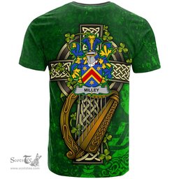 ScotsTee Shop Irish Milley or O Millea Coat of Arms Irish Family Crest T Shirt Irish Shamrock Celtic Cross and Harp T Shirt
