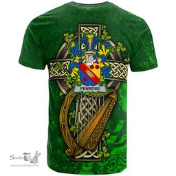 ScotsTee Shop Irish Penrose Coat of Arms Irish Family Crest T Shirt Irish Shamrock Celtic Cross and Harp T Shirt