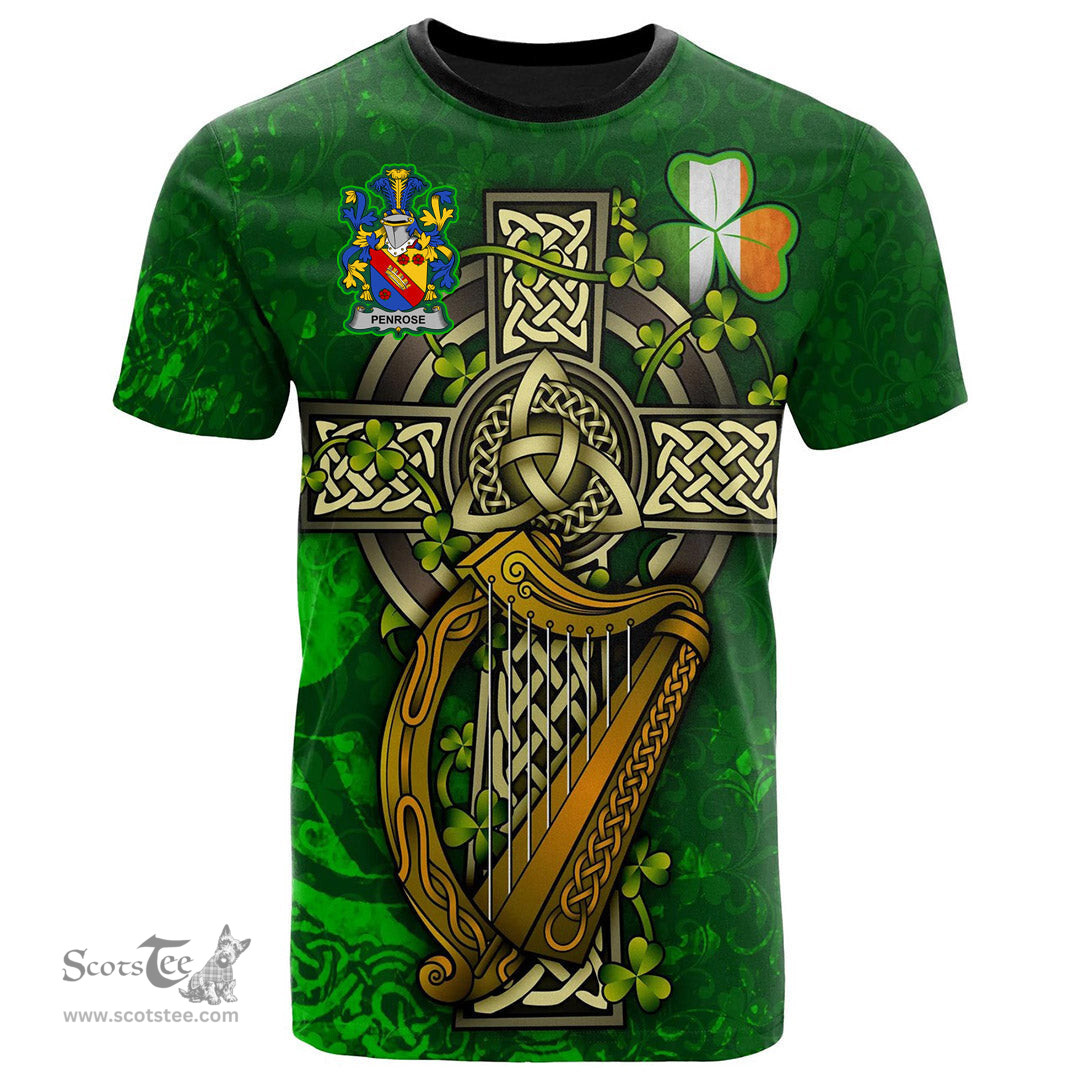 ScotsTee Shop Irish Penrose Coat of Arms Irish Family Crest T Shirt Irish Shamrock Celtic Cross and Harp T Shirt