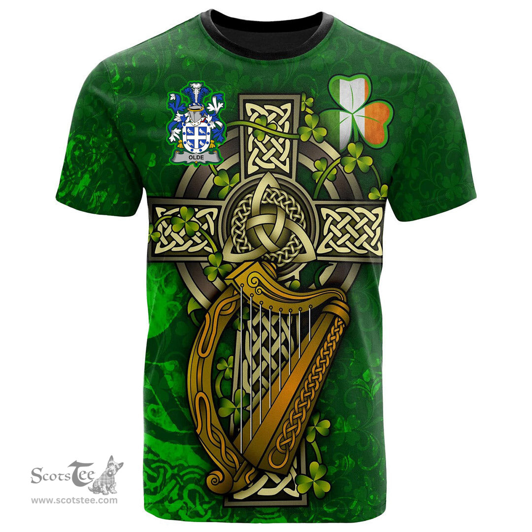 ScotsTee Shop Irish Olde Coat of Arms Irish Family Crest T Shirt Irish Shamrock Celtic Cross and Harp T Shirt