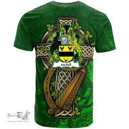 ScotsTee Shop Irish McFall Coat of Arms Irish Family Crest T Shirt Irish Shamrock Celtic Cross and Harp T Shirt