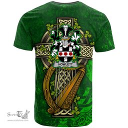 ScotsTee Shop Irish Howlett or Hewlett Coat of Arms Irish Family Crest T Shirt Irish Shamrock Celtic Cross and Harp T Shirt