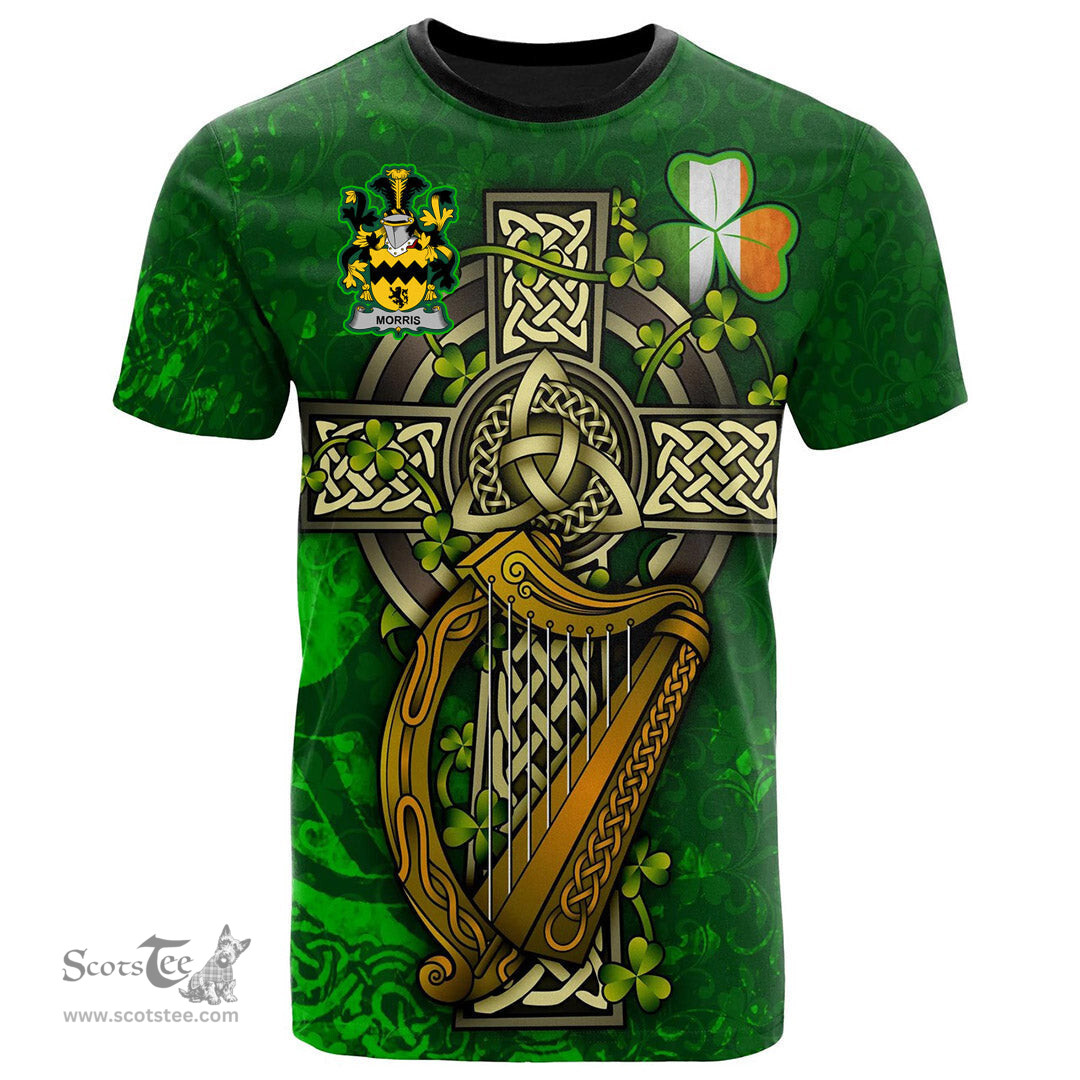 ScotsTee Shop Irish Morris Coat of Arms Irish Family Crest T Shirt Irish Shamrock Celtic Cross and Harp T Shirt