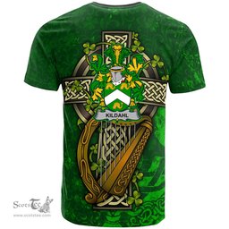 ScotsTee Shop Irish Kildahl Coat of Arms Irish Family Crest T Shirt Irish Shamrock Celtic Cross and Harp T Shirt