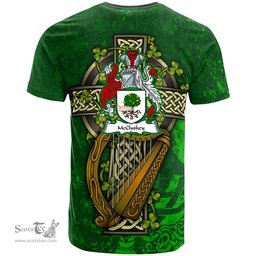 ScotsTee Shop Irish McCluskey Coat of Arms Irish Family Crest T Shirt Irish Shamrock Celtic Cross and Harp T Shirt
