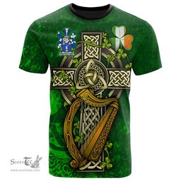 ScotsTee Shop Irish Mulholland Coat of Arms Irish Family Crest T Shirt Irish Shamrock Celtic Cross and Harp T Shirt