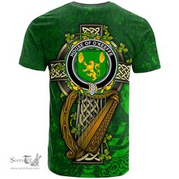 ScotsTee Shop Irish House of O KEEFFE Coat of Arms Irish Family Crest T Shirt Irish Shamrock Celtic Cross and Harp T Shirt