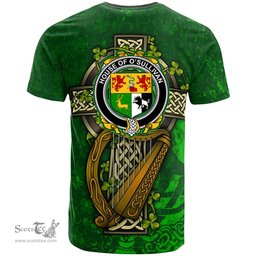 ScotsTee Shop Irish House of O SULLIVAN Coat of Arms Irish Family Crest T Shirt Irish Shamrock Celtic Cross and Harp T Shirt