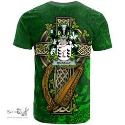 ScotsTee Shop Irish McNally Coat of Arms Irish Family Crest T Shirt Irish Shamrock Celtic Cross and Harp T Shirt