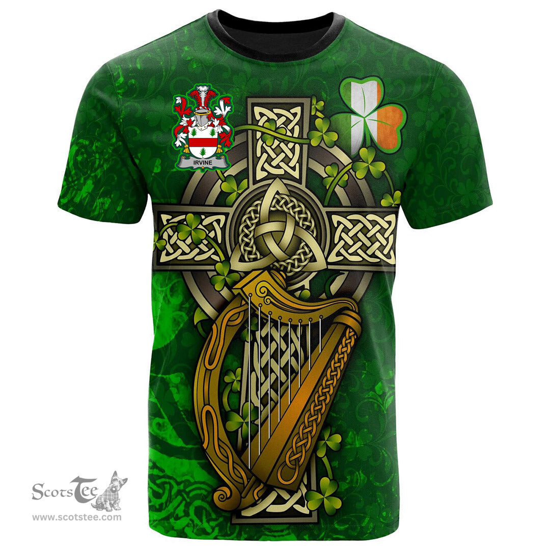 ScotsTee Shop Irish Irvine Coat of Arms Irish Family Crest T Shirt Irish Shamrock Celtic Cross and Harp T Shirt