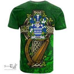 ScotsTee Shop Irish Piers Coat of Arms Irish Family Crest T Shirt Irish Shamrock Celtic Cross and Harp T Shirt