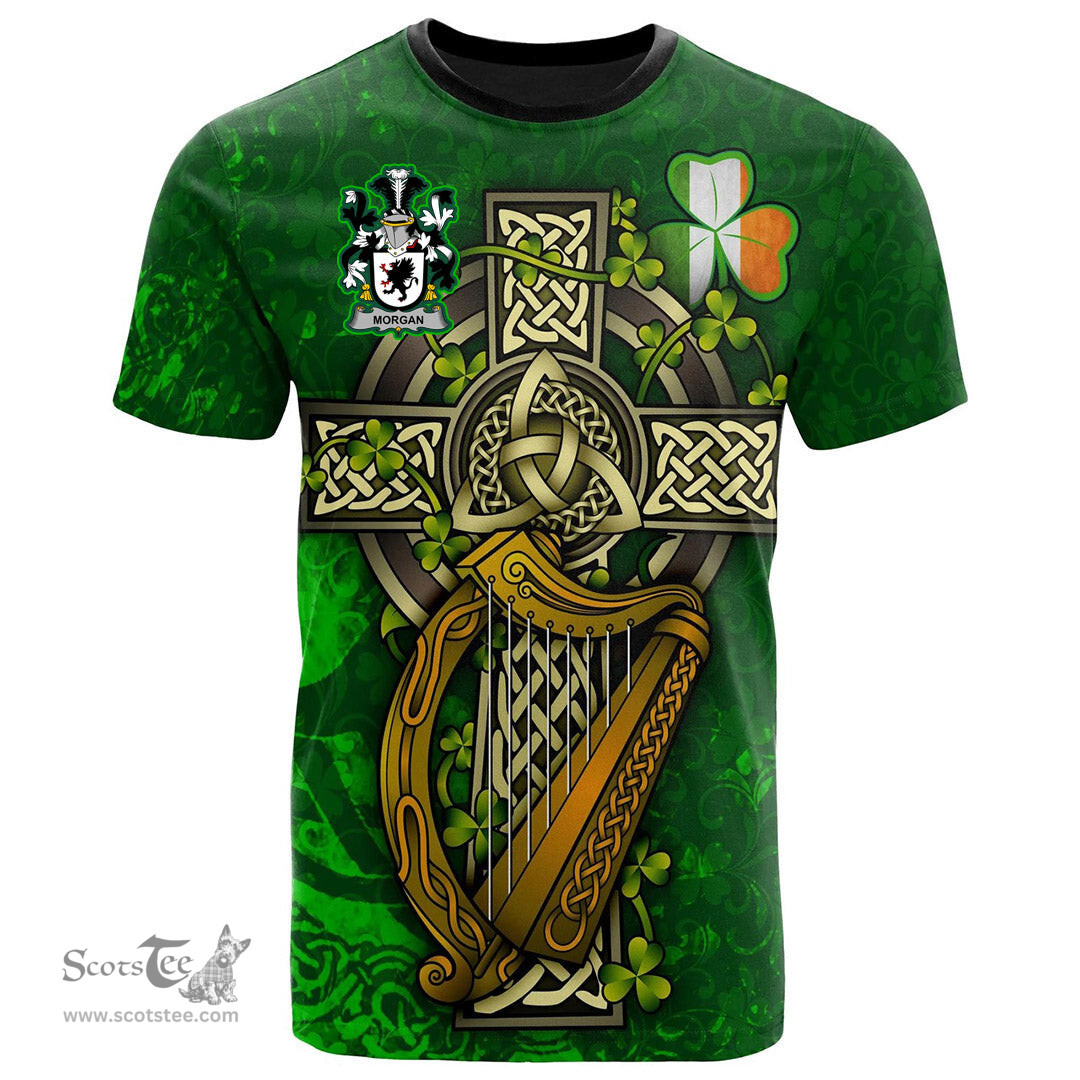 ScotsTee Shop Irish Morgan Coat of Arms Irish Family Crest T Shirt Irish Shamrock Celtic Cross and Harp T Shirt