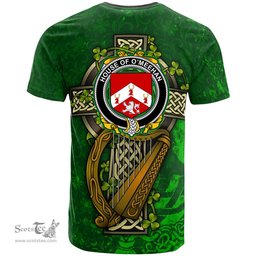 ScotsTee Shop Irish House of O MEEHAN Coat of Arms Irish Family Crest T Shirt Irish Shamrock Celtic Cross and Harp T Shirt