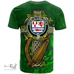 ScotsTee Shop Irish House of O MELAGHLIN Coat of Arms Irish Family Crest T Shirt Irish Shamrock Celtic Cross and Harp T Shirt