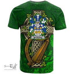 ScotsTee Shop Irish McVeagh or McFingah Coat of Arms Irish Family Crest T Shirt Irish Shamrock Celtic Cross and Harp T Shirt
