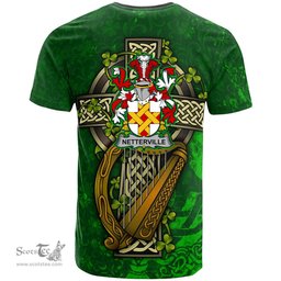 ScotsTee Shop Irish Netterville or Netterfield Coat of Arms Irish Family Crest T Shirt Irish Shamrock Celtic Cross and Harp T Shirt