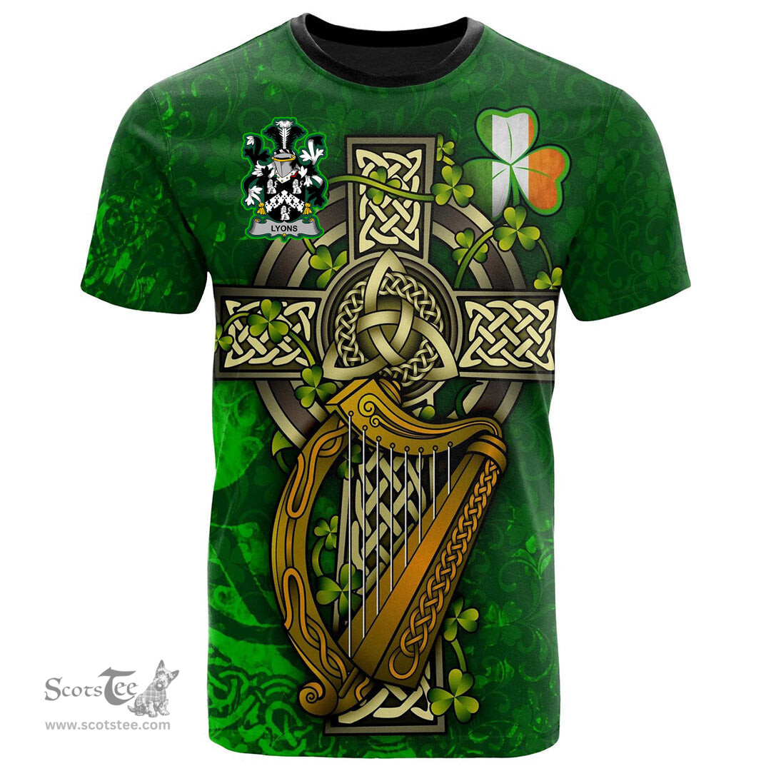 ScotsTee Shop Irish Lyons or Lyne Coat of Arms Irish Family Crest T Shirt Irish Shamrock Celtic Cross and Harp T Shirt