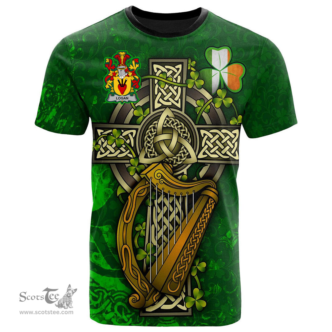 ScotsTee Shop Irish Logan Coat of Arms Irish Family Crest T Shirt Irish Shamrock Celtic Cross and Harp T Shirt