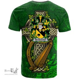ScotsTee Shop Irish McGeough or McGough Coat of Arms Irish Family Crest T Shirt Irish Shamrock Celtic Cross and Harp T Shirt