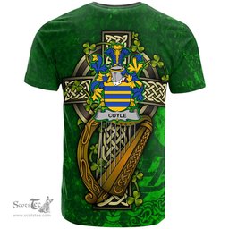 ScotsTee Shop Irish Coyle or McCoyle Coat of Arms Irish Family Crest T Shirt Irish Shamrock Celtic Cross and Harp T Shirt