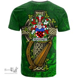 ScotsTee Shop Irish Micklethwait Coat of Arms Irish Family Crest T Shirt Irish Shamrock Celtic Cross and Harp T Shirt