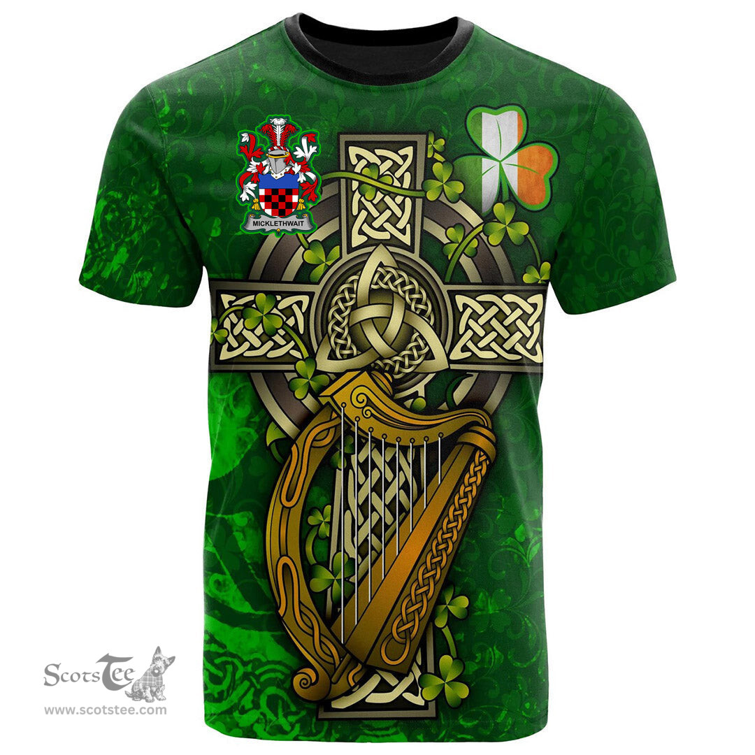 ScotsTee Shop Irish Micklethwait Coat of Arms Irish Family Crest T Shirt Irish Shamrock Celtic Cross and Harp T Shirt