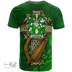 ScotsTee Shop Irish Loughnan or O Loughnan Coat of Arms Irish Family Crest T Shirt Irish Shamrock Celtic Cross and Harp T Shirt