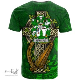 ScotsTee Shop Irish McAlpine or MacAlpin Coat of Arms Irish Family Crest T Shirt Irish Shamrock Celtic Cross and Harp T Shirt