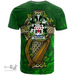 ScotsTee Shop Irish McKeown Coat of Arms Irish Family Crest T Shirt Irish Shamrock Celtic Cross and Harp T Shirt