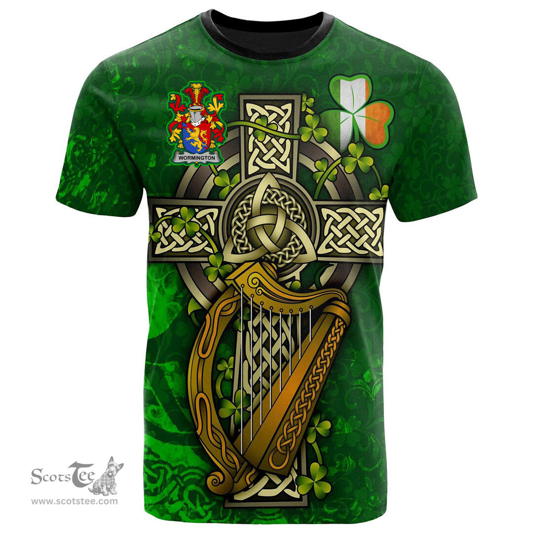 ScotsTee Shop Irish Wormington Coat of Arms Irish Family Crest T Shirt Irish Shamrock Celtic Cross and Harp T Shirt