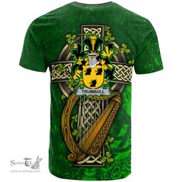 ScotsTee Shop Irish Trumbull or Turnbull Coat of Arms Irish Family Crest T Shirt Irish Shamrock Celtic Cross and Harp T Shirt