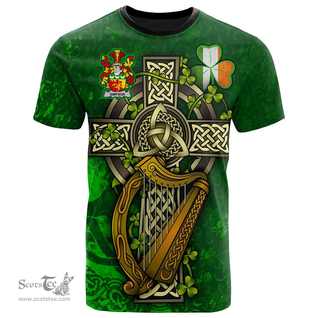 ScotsTee Shop Irish Simpson Coat of Arms Irish Family Crest T Shirt Irish Shamrock Celtic Cross and Harp T Shirt