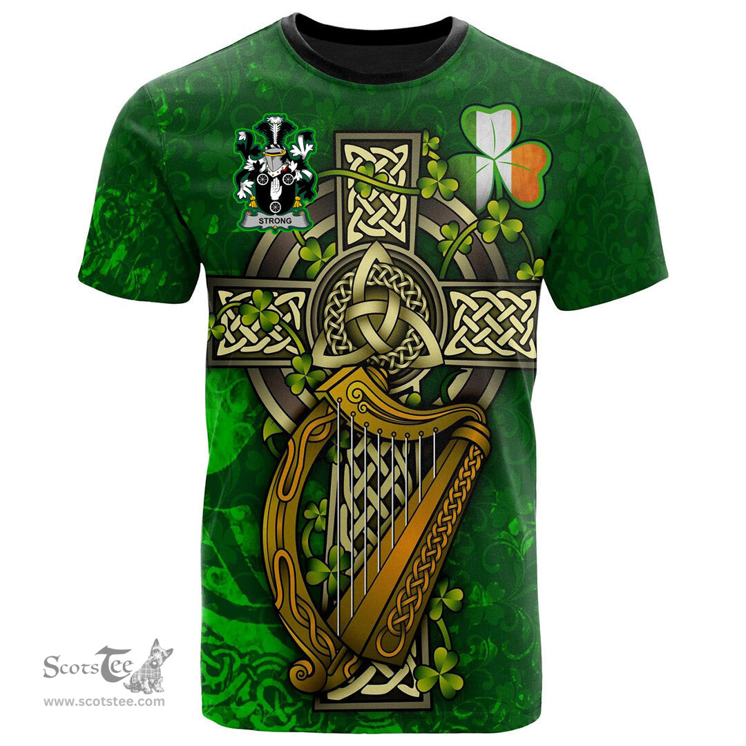 ScotsTee Shop Irish Strong Coat of Arms Irish Family Crest T Shirt Irish Shamrock Celtic Cross and Harp T Shirt