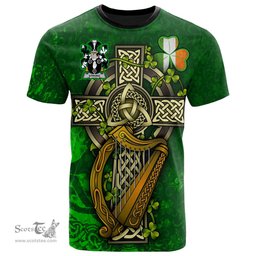 ScotsTee Shop Irish Strong Coat of Arms Irish Family Crest T Shirt Irish Shamrock Celtic Cross and Harp T Shirt
