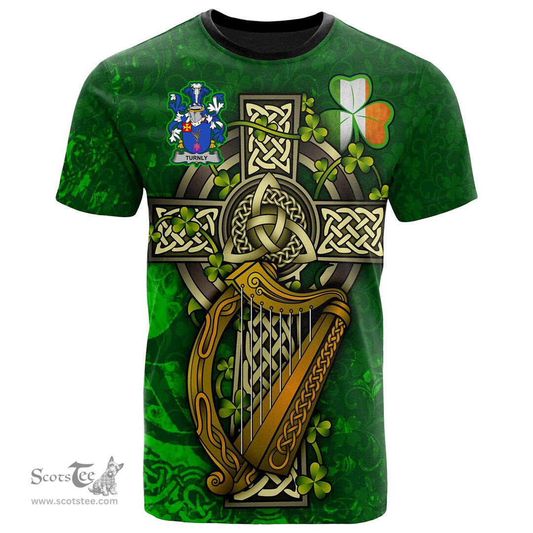 ScotsTee Shop Irish Turnly or Turnley Coat of Arms Irish Family Crest T Shirt Irish Shamrock Celtic Cross and Harp T Shirt