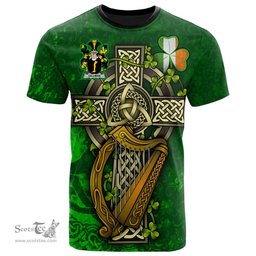 ScotsTee Shop Irish Gillman Coat of Arms Irish Family Crest T Shirt Irish Shamrock Celtic Cross and Harp T Shirt