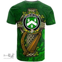 ScotsTee Shop Irish House of TULLY MACATILLA Coat of Arms Irish Family Crest T Shirt Irish Shamrock Celtic Cross and Harp T Shirt
