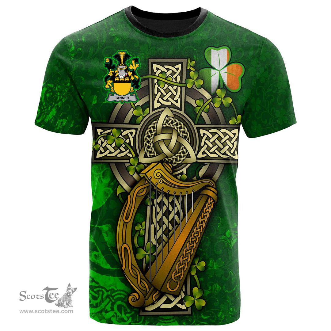 ScotsTee Shop Irish Tanner Coat of Arms Irish Family Crest T Shirt Irish Shamrock Celtic Cross and Harp T Shirt