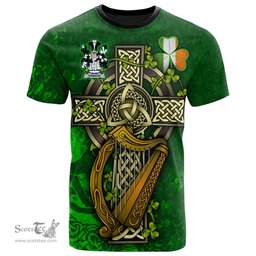 ScotsTee Shop Irish Rawson Coat of Arms Irish Family Crest T Shirt Irish Shamrock Celtic Cross and Harp T Shirt