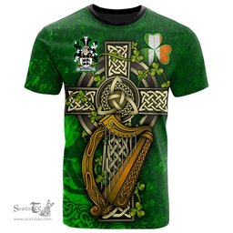 ScotsTee Shop Irish Wyrrall Coat of Arms Irish Family Crest T Shirt Irish Shamrock Celtic Cross and Harp T Shirt