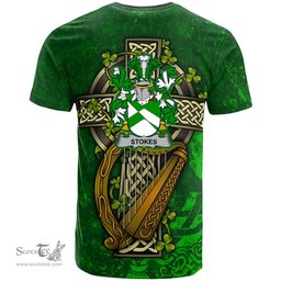 ScotsTee Shop Irish Stokes Coat of Arms Irish Family Crest T Shirt Irish Shamrock Celtic Cross and Harp T Shirt